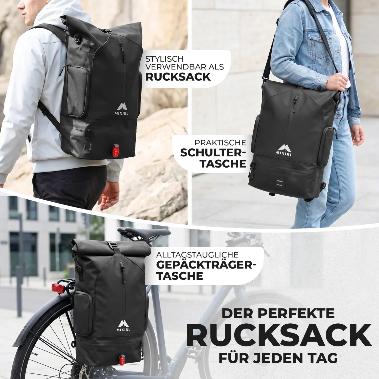 Amazon Infografik-Produktbild eines wasserdichten Fahrrad-Rucksacks, nutzbar als Rucksack, Schultertasche und Gepäckträgertasche